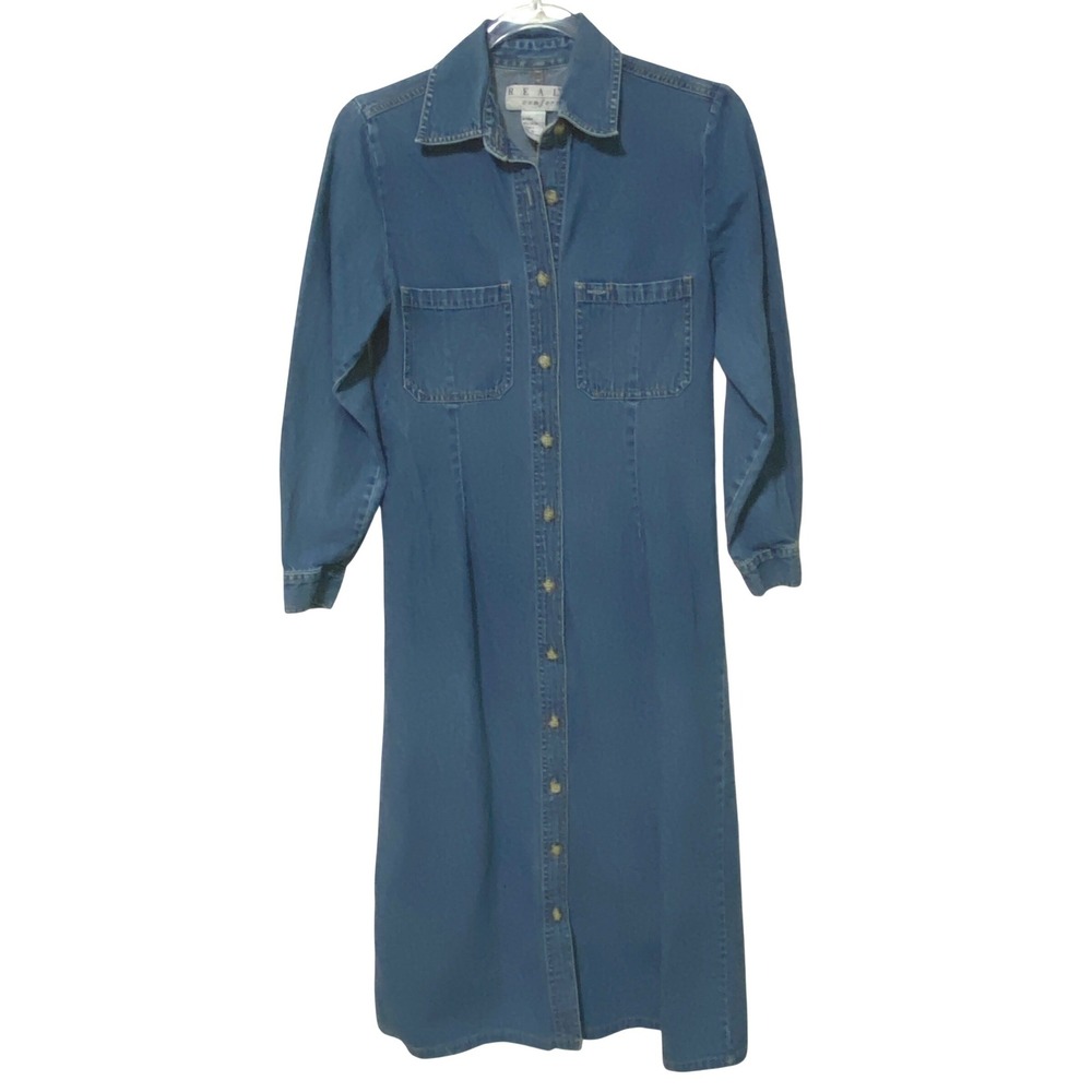 Y2K Blue Denim Button Front Maxi Dress Long Sleeve Cotton Size 4 Western Boho
